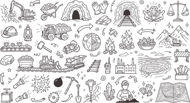 Mining industry hand drawn doodle elements collection with equipment and geological symbols industry elements equipment excavation machinery industrial extraction resource excavator