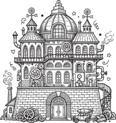 Obraz premium Steampunk fantasy mansion with mechanical gears and industrial pipes architectural sketch steampunk architecture mechanical industrial building clockwork structure detailing illustration