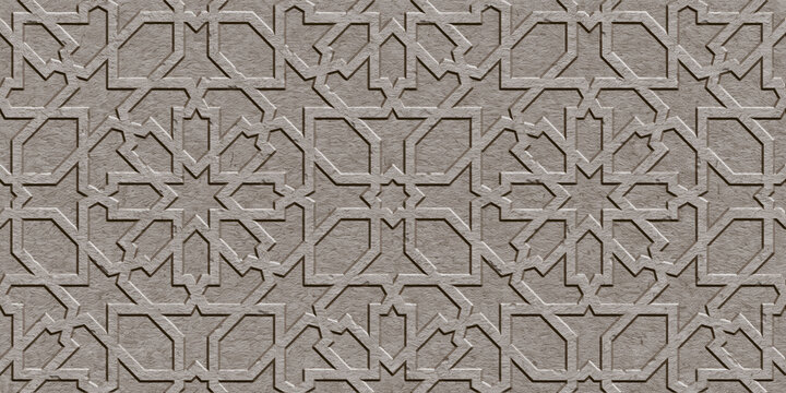 Intricate Geometric Pattern: A detailed, repeating geometric pattern reminiscent of Islamic art, rendered in a textured, stone-like material, creating a visually complex and elegant background.