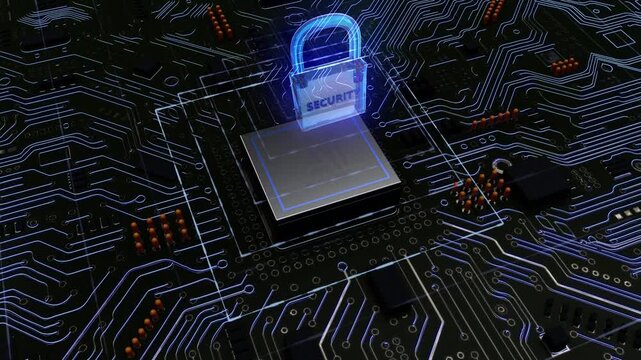 4K animation of a glowing digital padlock on a microchip over a circuit board, representing cybersecurity, encryption and data protection.