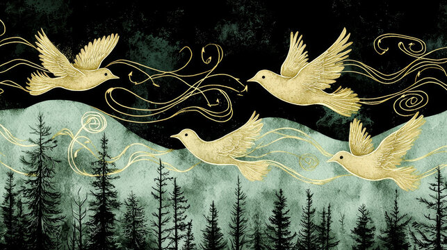 Golden bird flock flying night forest silhouette swirling wind mystical abstract elegant fantasy dark sky pine tree illustration glowing magical nature landscape dreamy artistic peaceful surreal