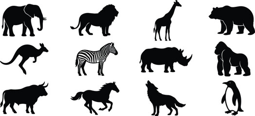 Solid black vector glyph icon set of safari animals and wild wildlife silhouettes isolated on a white background © Md