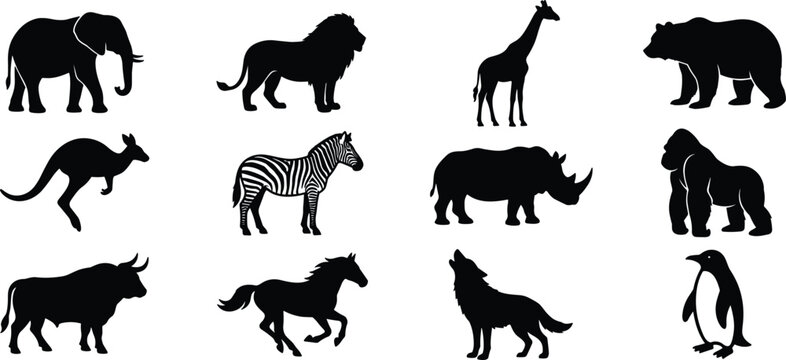 Solid black vector glyph icon set of safari animals and wild wildlife silhouettes isolated on a white background