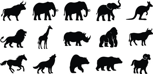 Solid black vector glyph icon set of safari animals and wilderness wildlife silhouettes isolated on a plain white background © Md