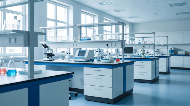 Modern scientific research laboratory interior with equipment and clean workstations