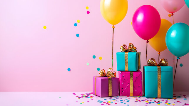Colorful gift box ribbon confetti balloon pink background festive birthday celebration party cheerful surprise. Vibrant presents and balloons create joyful birthday party atmosphere