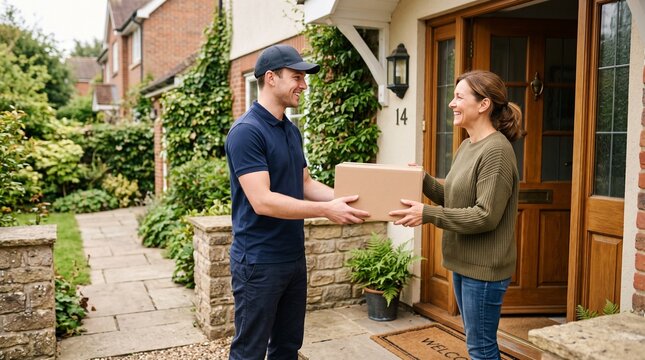 Delivery person handing package to smiling woman at her front door
