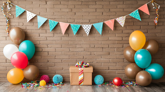 Birthday photo booth giant gift box backdrop balloon bunting confetti colorful festive celebration party decoration cheerful indoor brick wall