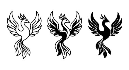 Naklejka premium Mythical Phoenix Vector Icons, Fiery Bird Symbol, Rebirth Emblem, Black and White Graphics