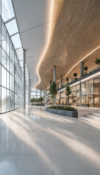 Modern shopping mall interior with wooden textured ceiling and green indoor plants in lobby high end interior design shopping interior architecture commercial building greenery