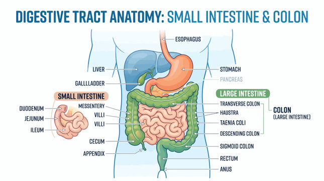 Human digestive system diagram showing small and large intestines