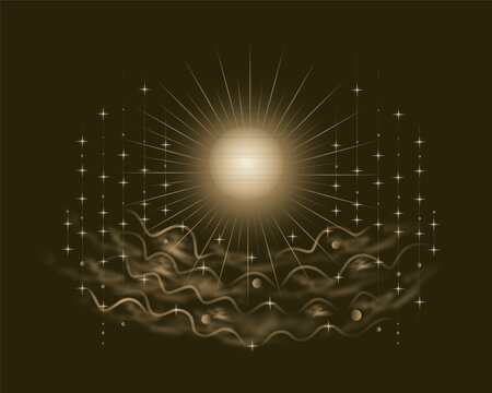 Light spreading through waves of energy reflects the unfolding of creative potential, the expansion of consciousness, harmony with nature, and connection with the Universe.