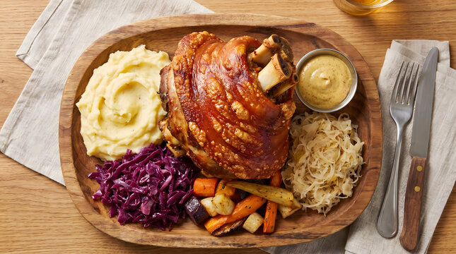 Roasted pork knuckle served with mashed potatoes sauerkraut and carrots on wooden platter