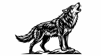 A wolf stands on a rock howling at the night sky with its head thrown back. © rian