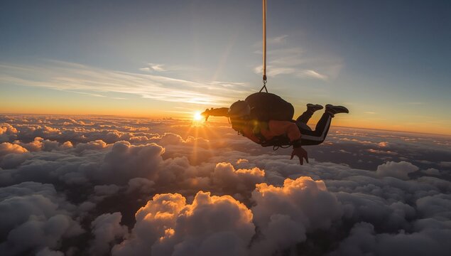 Skydiver Jumps From Airplane at Sunset Over Clouds