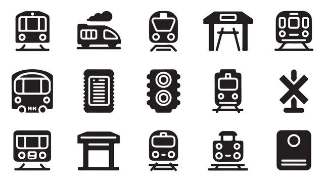 Collection of black glyph representing trains, stations, and railway symbols on a white background