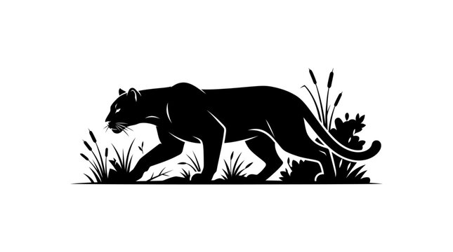 A black silhouette of a panther walking through grass and plants in a natural landscape