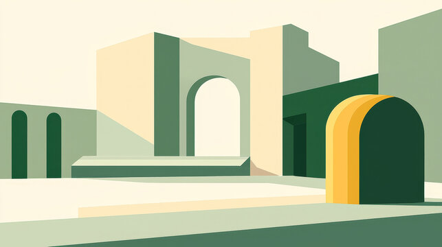 Minimal geometric architecture abstract shapes archway green yellow beige modern style sunlight shadow tranquil block layout art topaz effect serene mood