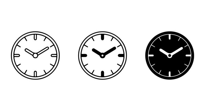 Analog Clock Icons, Timekeeping Symbols, Simple Watch Faces, Vector Graphics Set