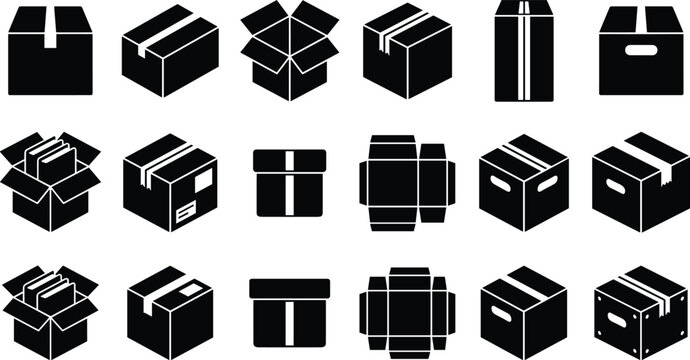 Collection of various cardboard packaging box icons including open closed and flat pack designs for shipping logistics and freight industry services