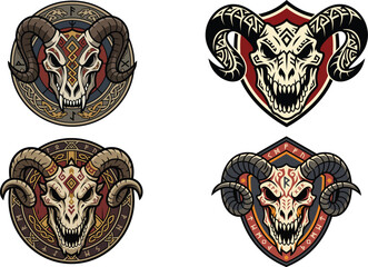 Obraz premium Viking ram skull emblems, set of 4 nordic goat head vector illustrations, ancient rune shield badges with horned animal bones for gaming and apparel