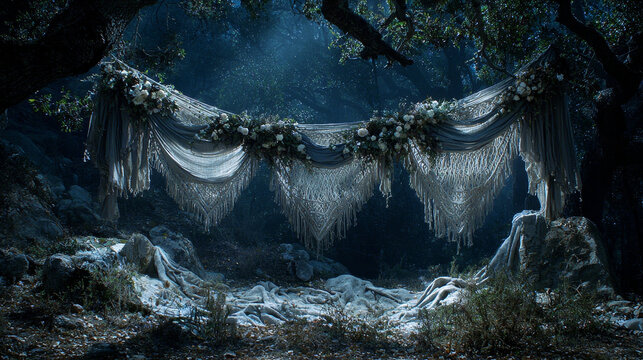 Bohemian macrame banner with floral garland hanging in mystical forest, illuminated by moonlight, creating enchanting and dreamy atmosphere for celebration decor