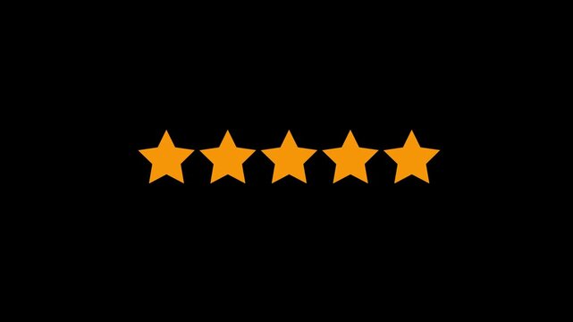 Five star rating icon for review, feedback, quality, and customer testimonial design on transparent background.4k motion graphics video animation