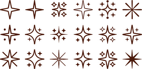 Sparkle and twinkle star line icon vector collection with brown outline shapes for magic cosmic decoration design © RafatStock