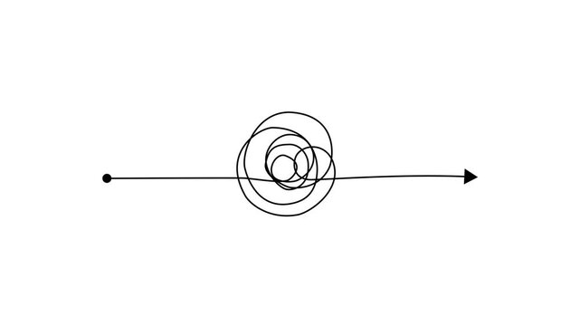 Abstract line arrow with scribble circle showing confusion to clarity concept for problem solving process and business direction.4k motion graphics video animation