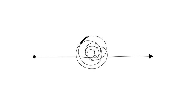 Abstract line arrow with scribble circle showing confusion to clarity concept for problem solving process and business direction.4k motion graphics video animation
