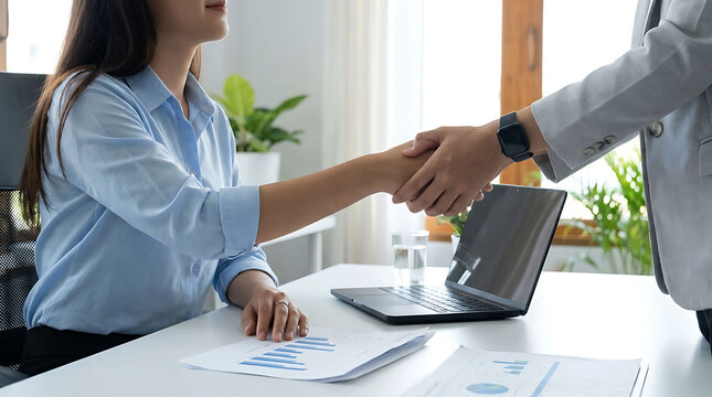 Two businesswomen shaking hands over documents at office desk with laptop