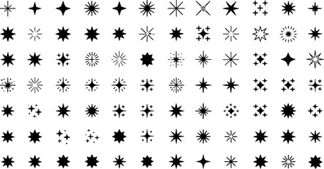 Sparkle and twinkle black icon vector mega bundle with flat star silhouettes for cosmic magic decoration design © RafatStock