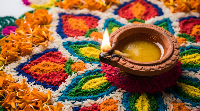 Colorful rice powder rangoli pattern with lit clay diya oil lamp in festive celebration