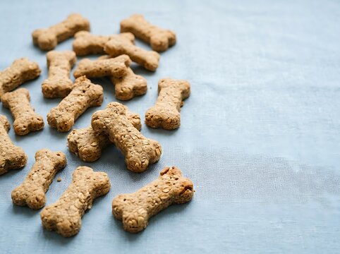 Delicious homemade dog treats in bone shape on blue background