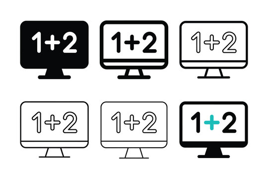 Set of six computer monitor icons displaying simple math addition equations