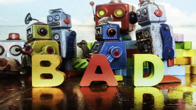  Vintage Bad Robots make the word BAD with wooden letters, stop motion 