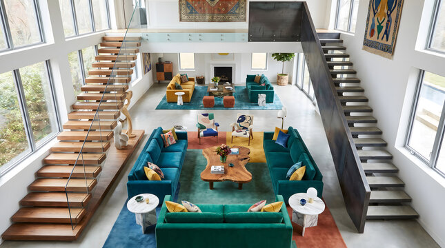 Modern duplex living room with dual staircases and green blue sofas arranged symmetrically