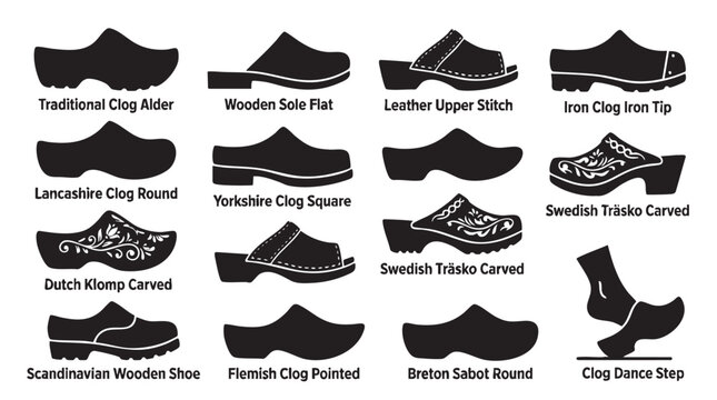 Traditional wooden clog shoe styles and historical footwear icons.
