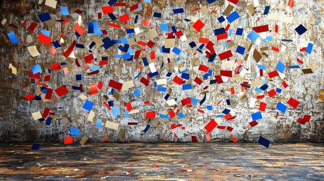 Bold primary color confetti red blue gold and white flying against textured grunge wall and rustic floor festive energetic celebration abstract art
