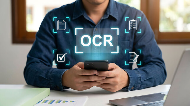 Man using smartphone for OCR optical character recognition text scanning concept