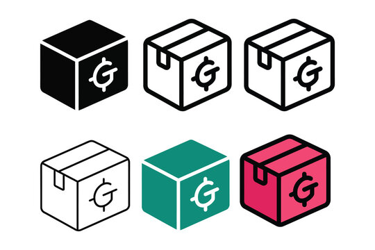 Set of six isometric cardboard box icons with target symbols