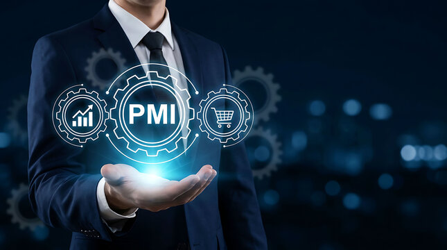 Businessman presenting virtual PMI purchasing managers index economic indicator concept