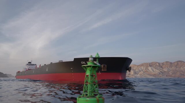 Oil tanker ship moving through narrow coastal strait
