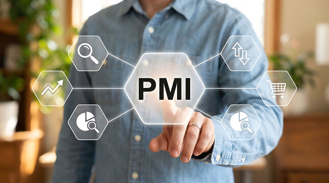 Man touching virtual PMI acronym icon for purchasing managers index concept