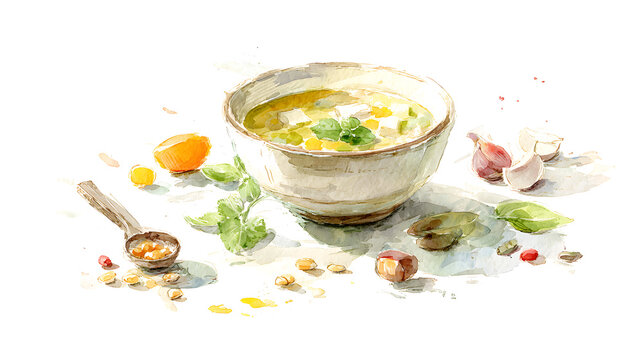 Homemade Barley Vegetable Soup in Ceramic Bowl Watercolor Illustration, AI Generated