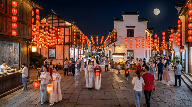 Ancient street night market with red lanterns hanging high and crowds bustling