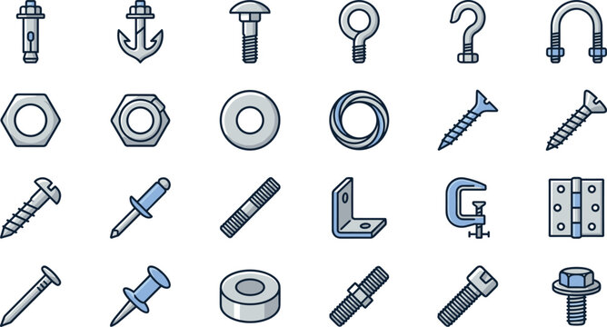 Industrial fasteners and construction hardware vector icon set with flat steel bolt screw nut and washer symbols]