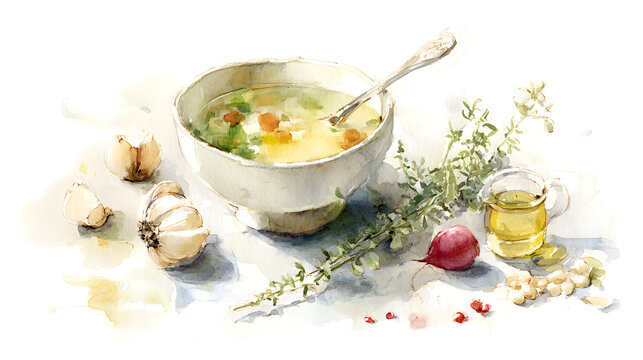 Homemade Barley Soup with Garlic and Herbs Watercolor Illustration, AI Generated