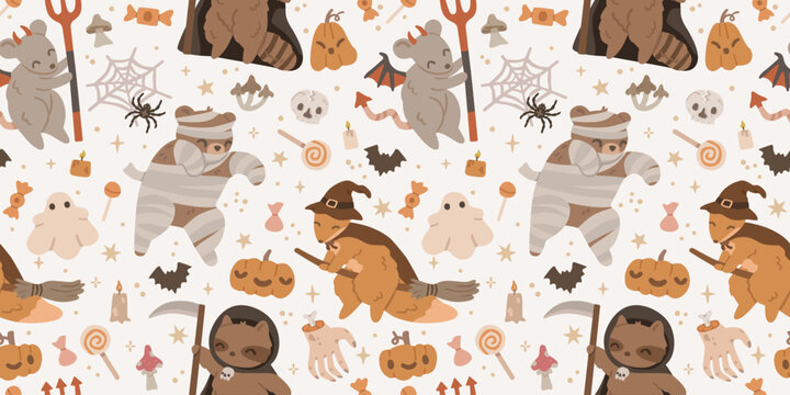 Cute Halloween seamless pattern with witch fox, mummy bear, devil mouse, grim reaper raccoon, ghosts and spooky elements. Playful kids design, flat vector illustration.