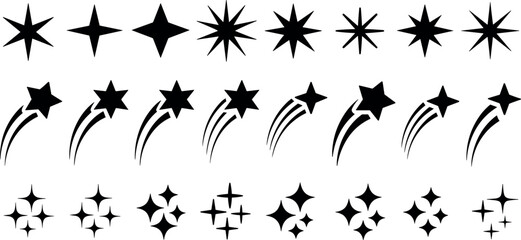 Black sparkle and shooting star icon collection set with celestial bursts and twinkling magic shapes isolated on white background vector © RafatStock
